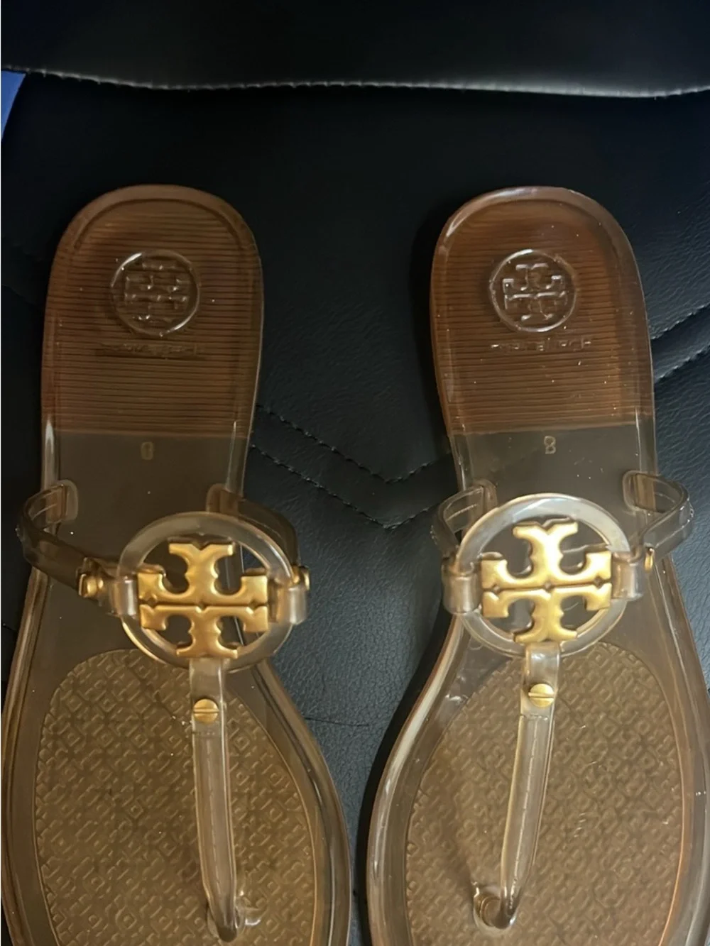 Tory Burch Clear Jelly Sandals with Gold Logo Medallion